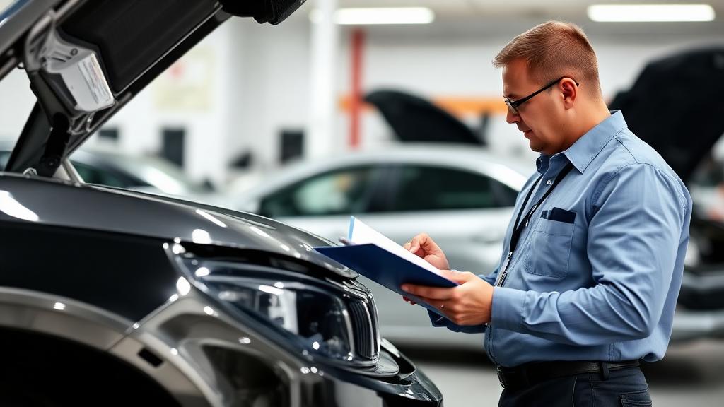 Certified appraiser performing a diminished value appraisal inspection on a vehicle after an accident